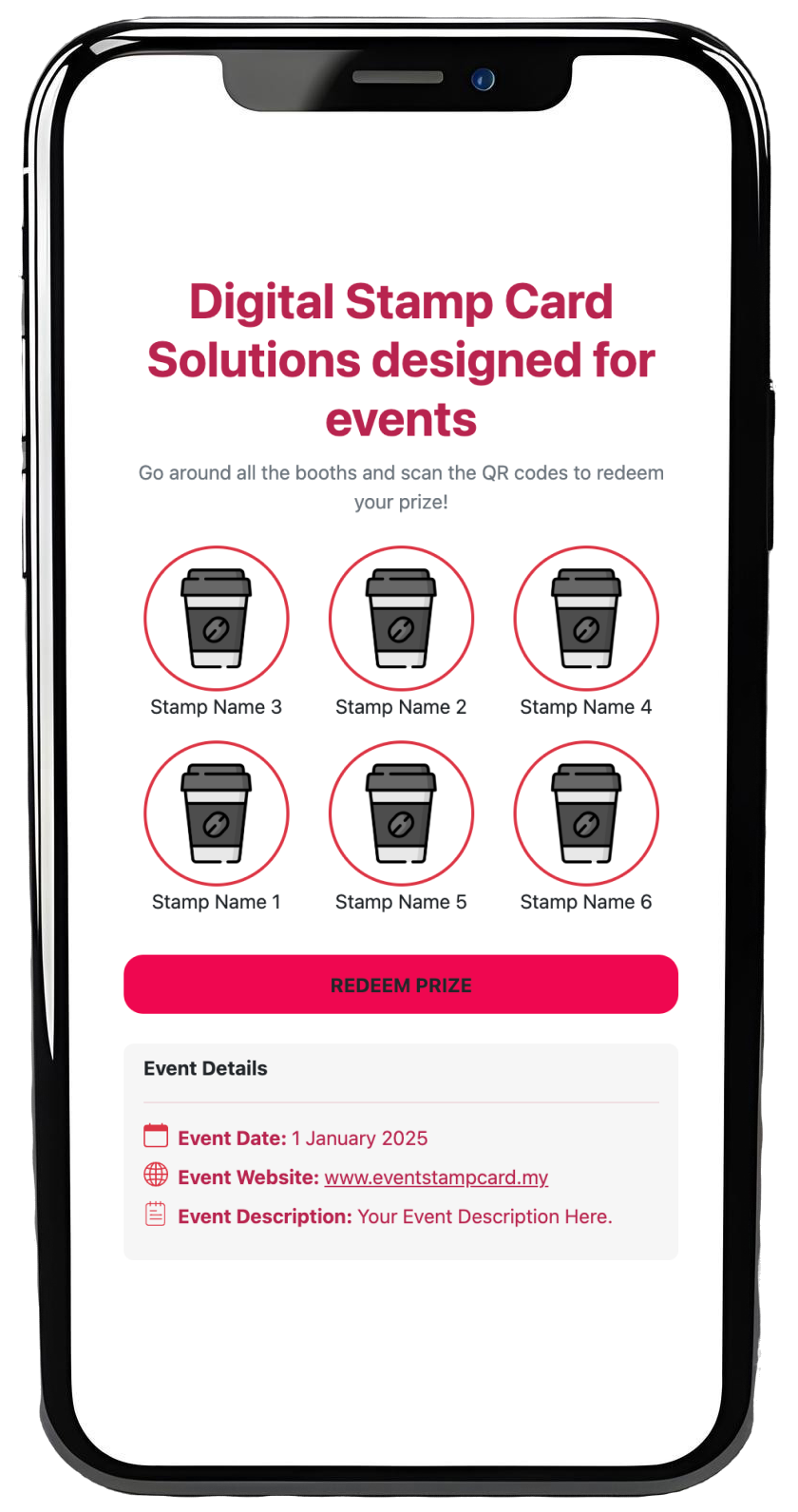Mockup of a smartphone displaying a digital stamp card for events.