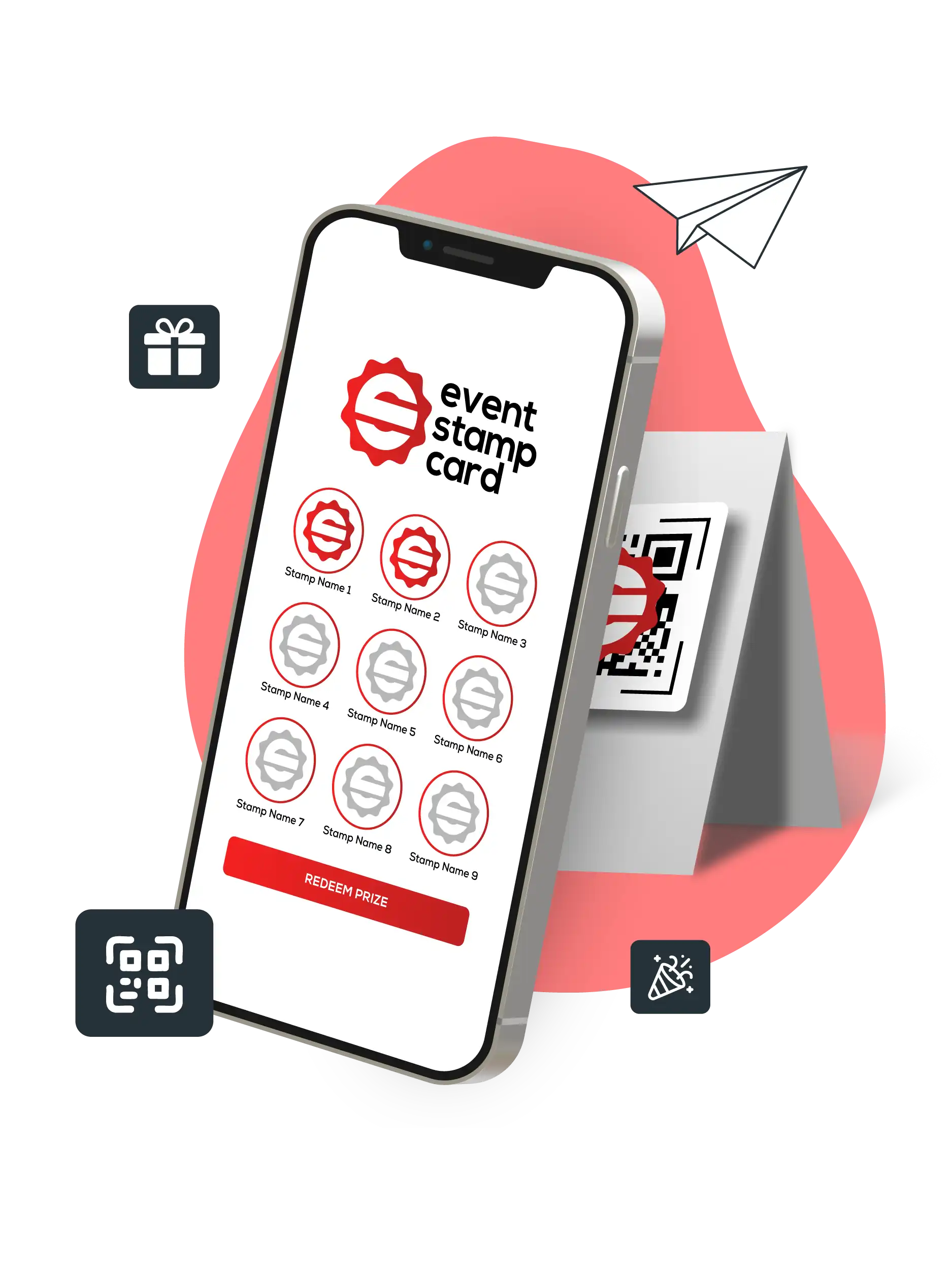 Mockup of a smartphone displaying a digital stamp card for events.