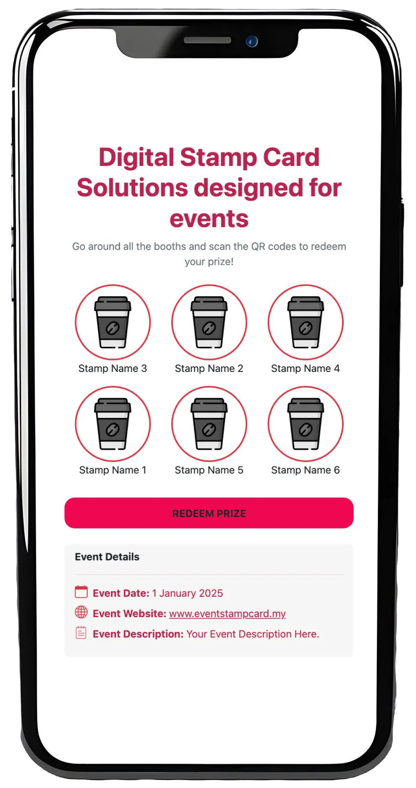 Mockup of a smartphone displaying a digital stamp card for events.
